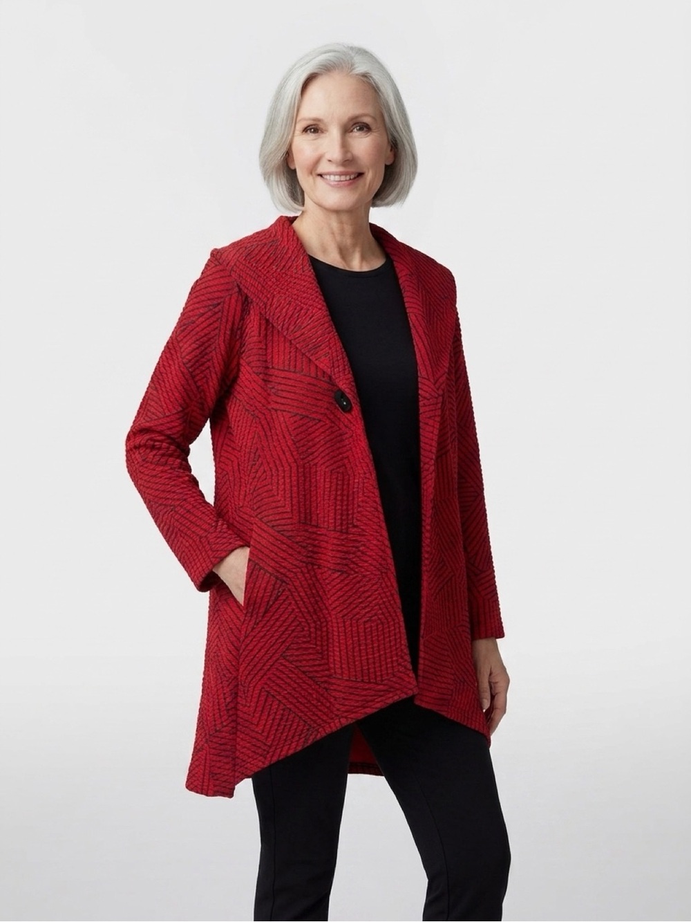 Multiples Red Textured Open-Front Cardigan with Shawl Collar